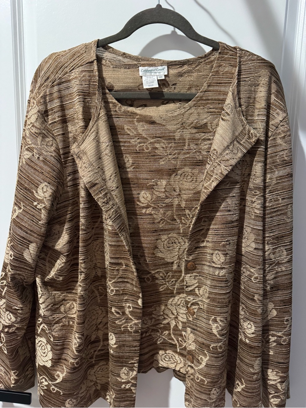 Coldwater Creek Cuddledown Crochet Floral Knit Cardigan - Brown & Cream 2X